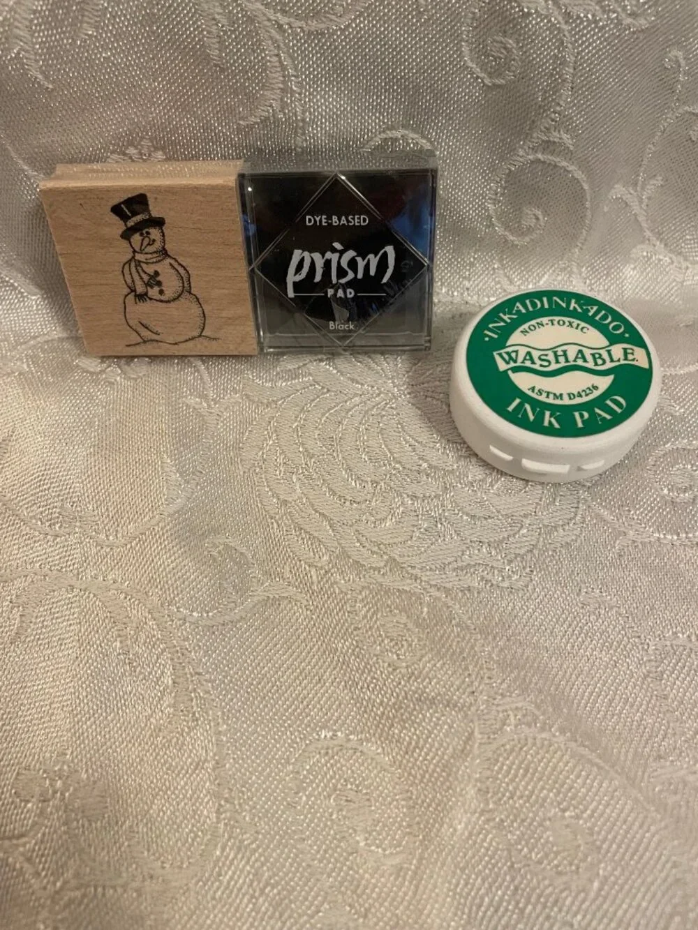 1996 Rubber Stampede Snowman Stamp with Wood Top and Black Prism Ink Pad Set New